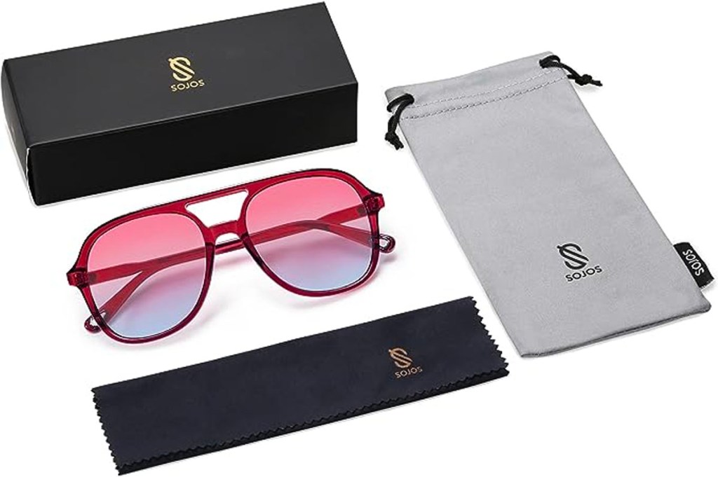 pink sojos sunglasses with case and cleaner