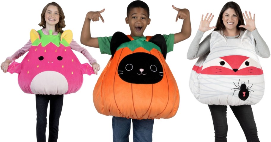 people posing in squishmallows halloween costumes