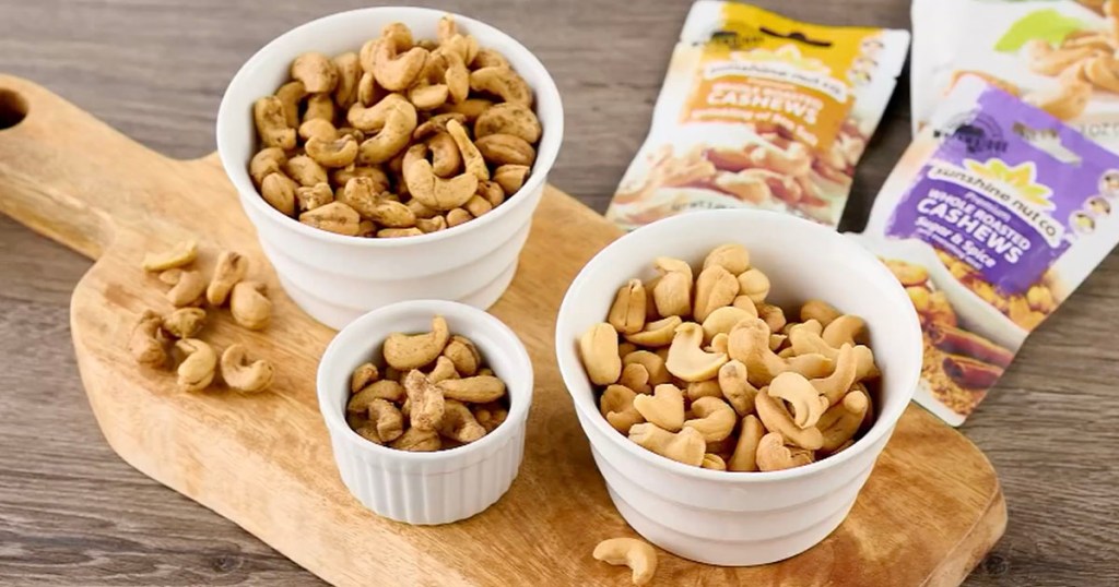 sunshine nuts cashews in white bowls