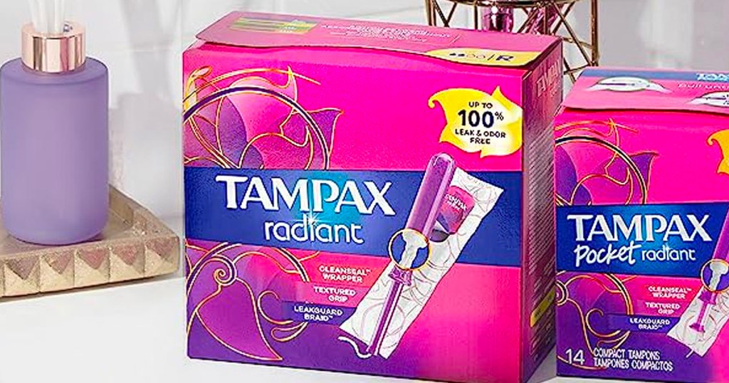 tampax radiant tampons box on counter