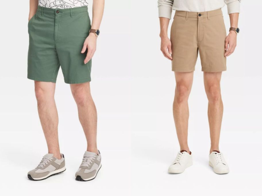 two models wearing mens chino shorts over white background