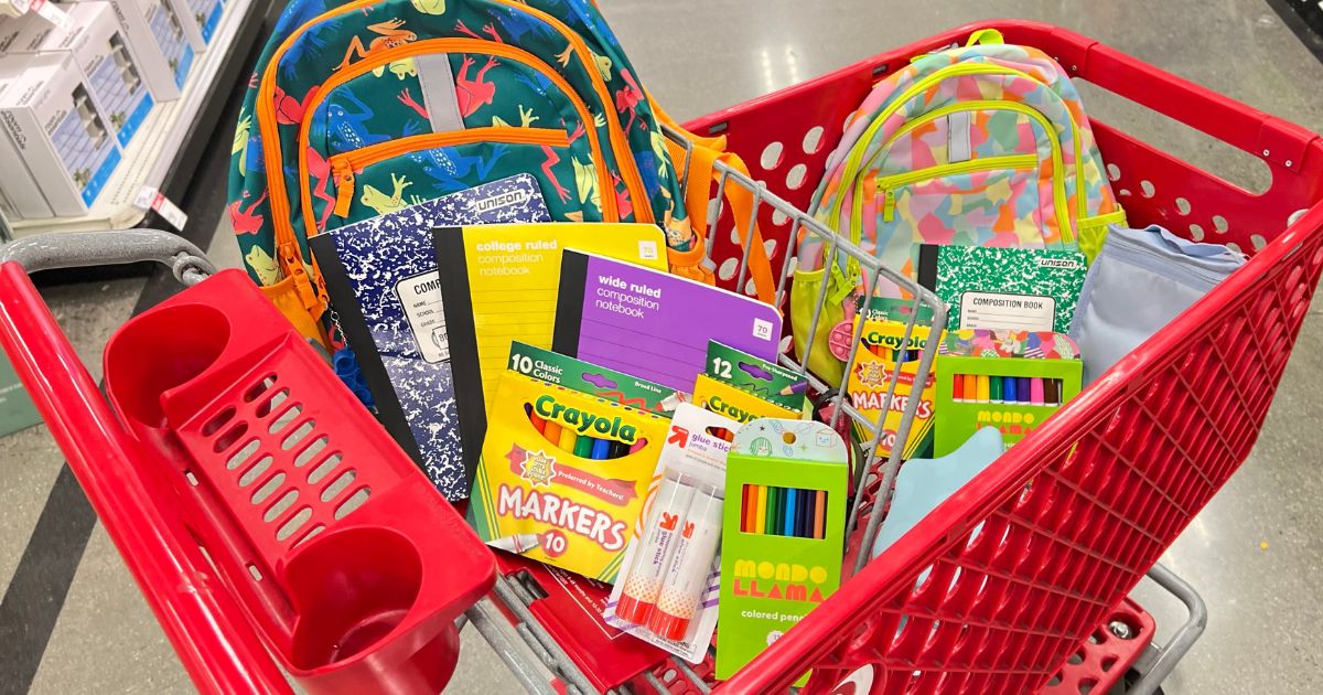 Target shopping cart filled with school supplies