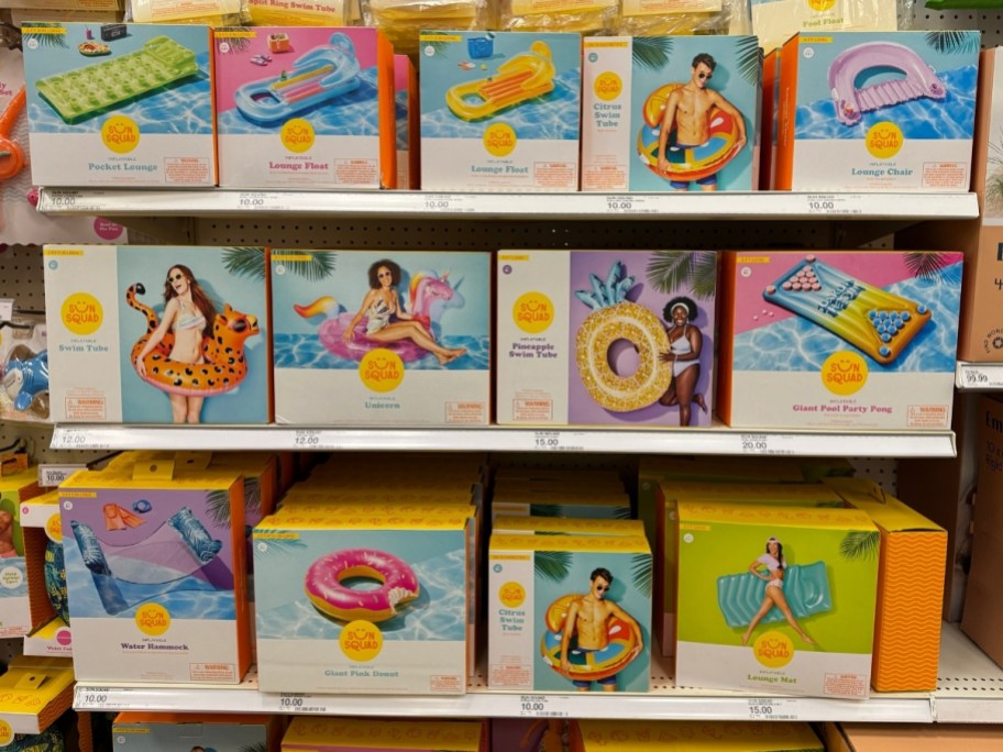 various Sun Squad Pool Floats on a shelf at Target