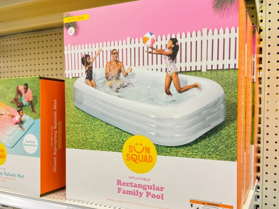 sun squad inflatable pool in box on shelf at store