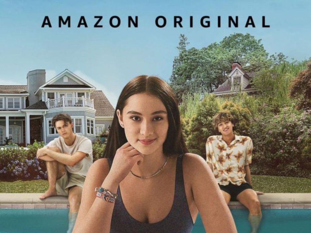 tv show poster of girl and 2 boys by pool