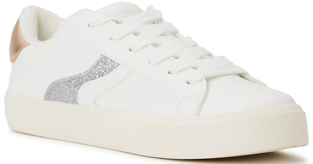 white womens shoe with glitter streak