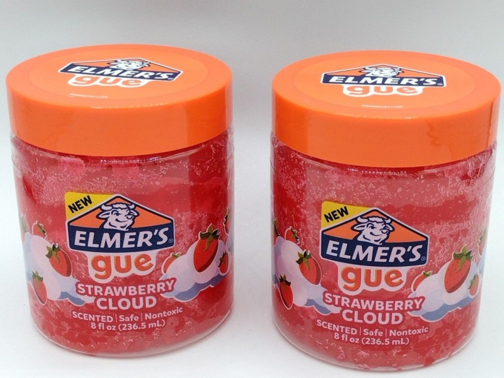 two Elmer's Gue Premade Slime 2-Pack in Strawberry Cloud Scent displayed on a table