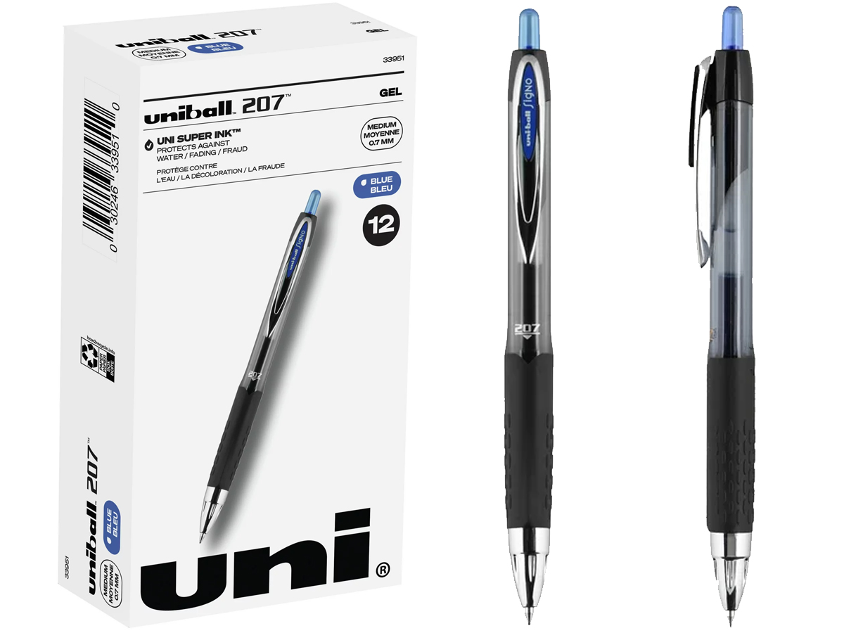 uniball blue pens pack with front and side view of pen