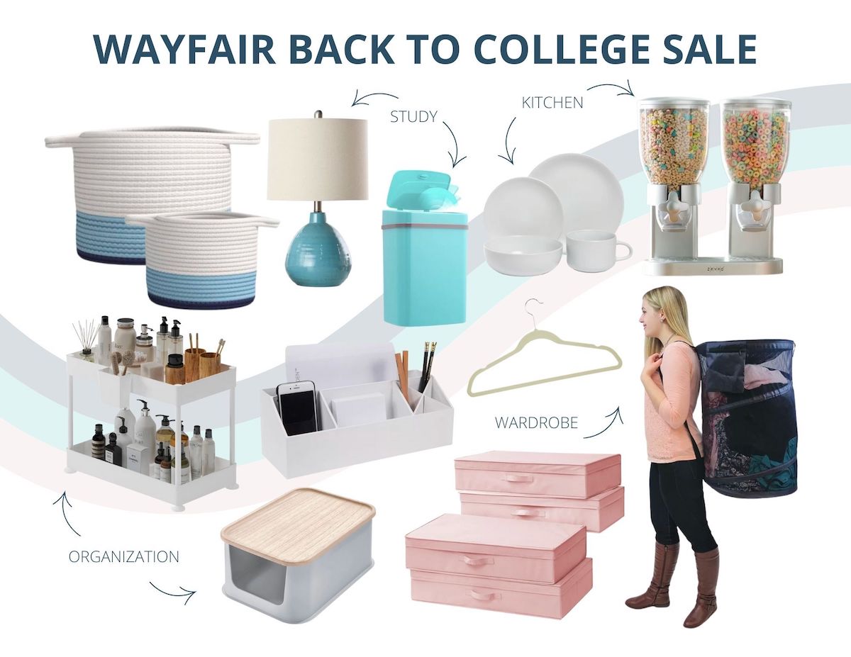 graphic of wayfair back to college dorm room decor sale items