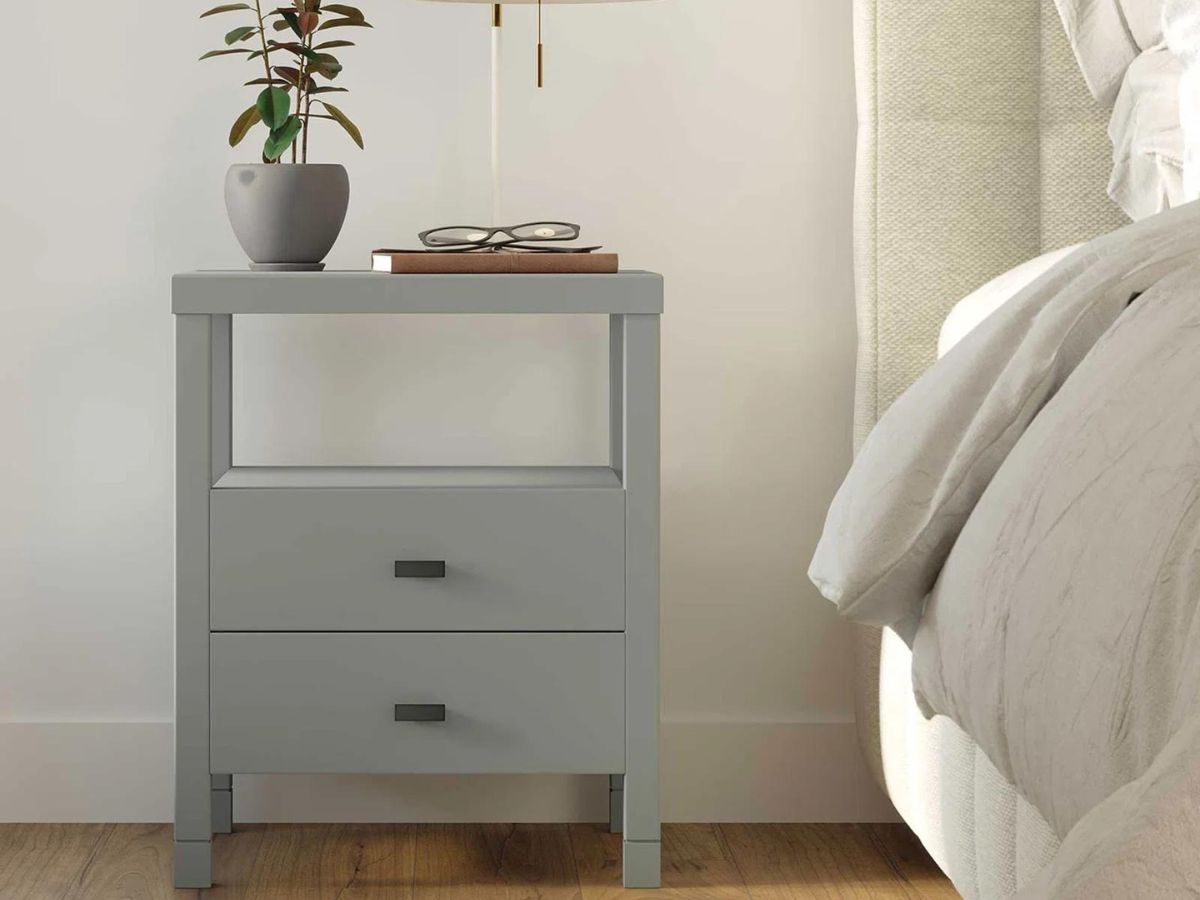 gray 2-drawer night stand by bed