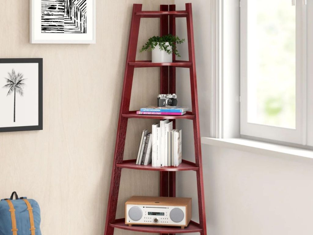 cherry wood corner bookstand in room