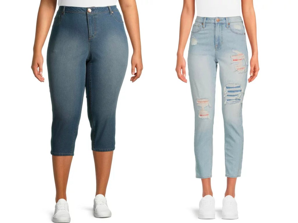 two women wearing blue jeans