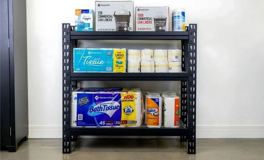 workpro storeage shelf with household items stored on it