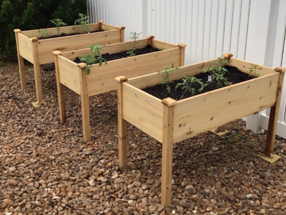 three garden beds with legs side by side