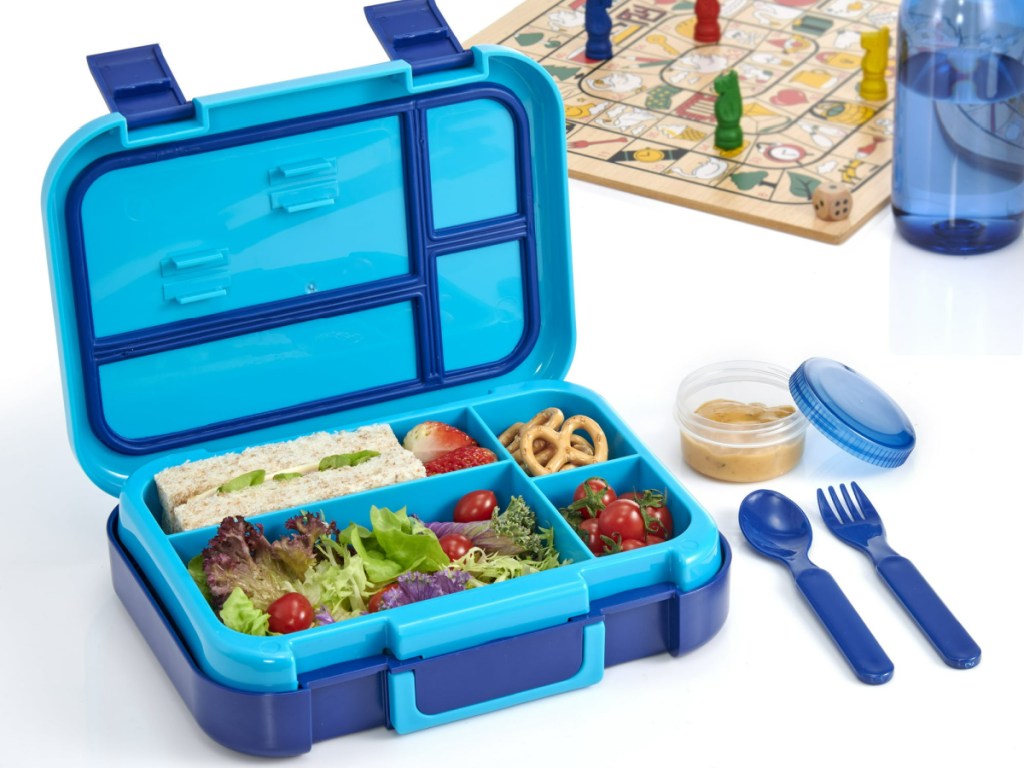 blue bento box, cutlery and dressing container