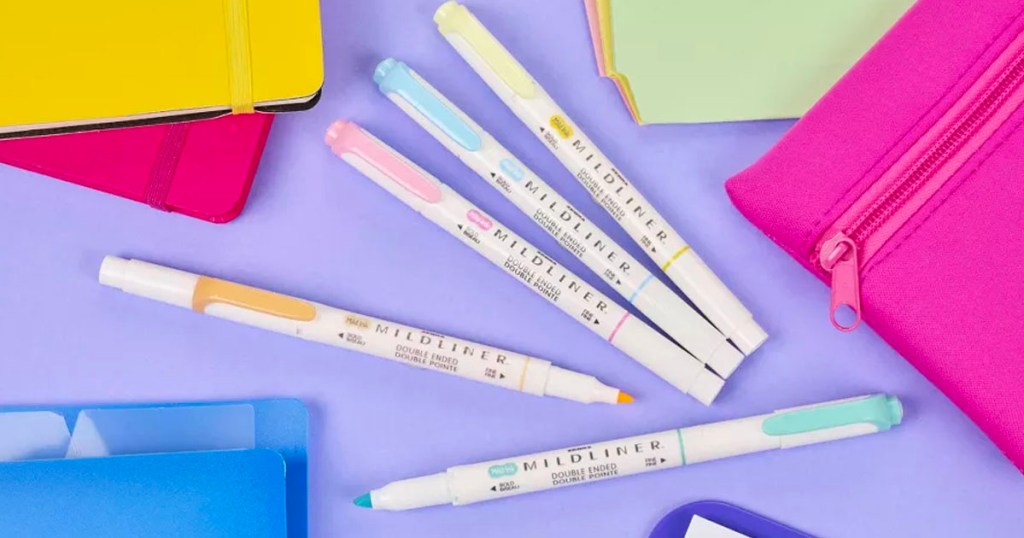 zebra dual tip markers on purple table with art supplies