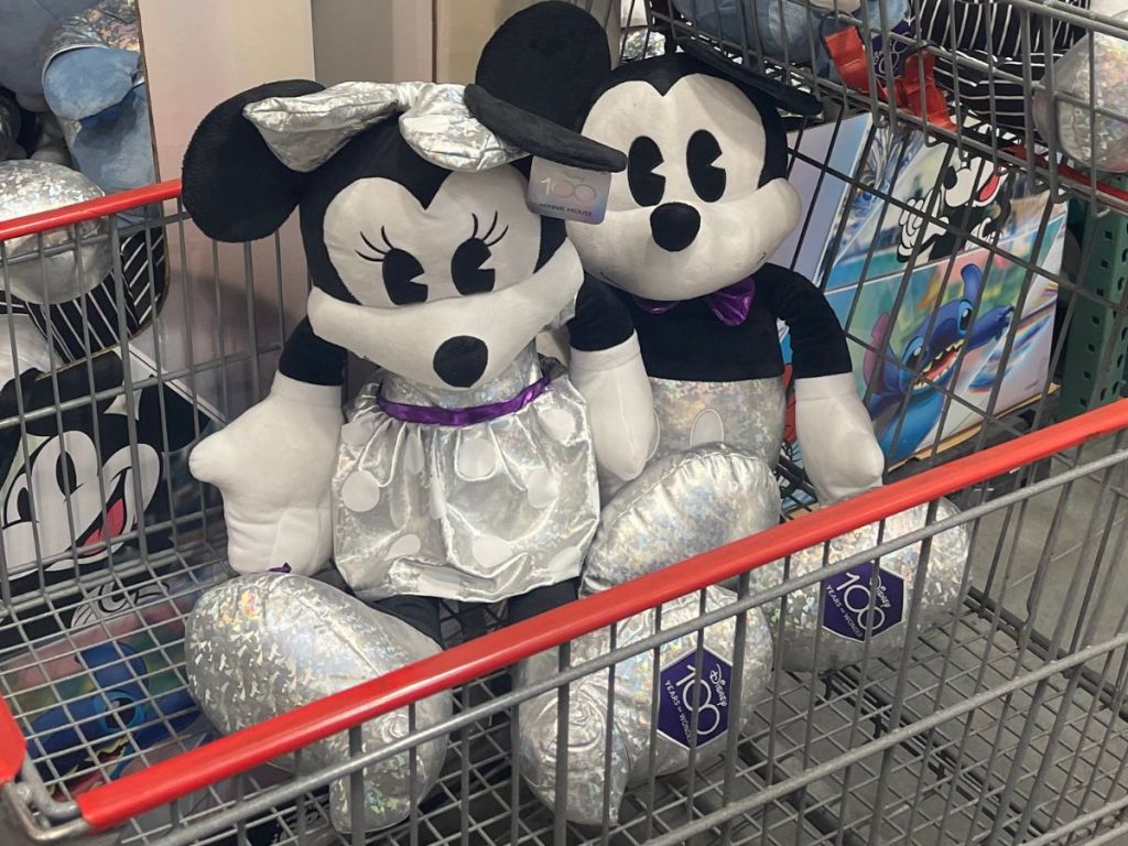 Disney 100 Years of Wonder Jumbo Plushes Mickey and Minnie in cart at Costco