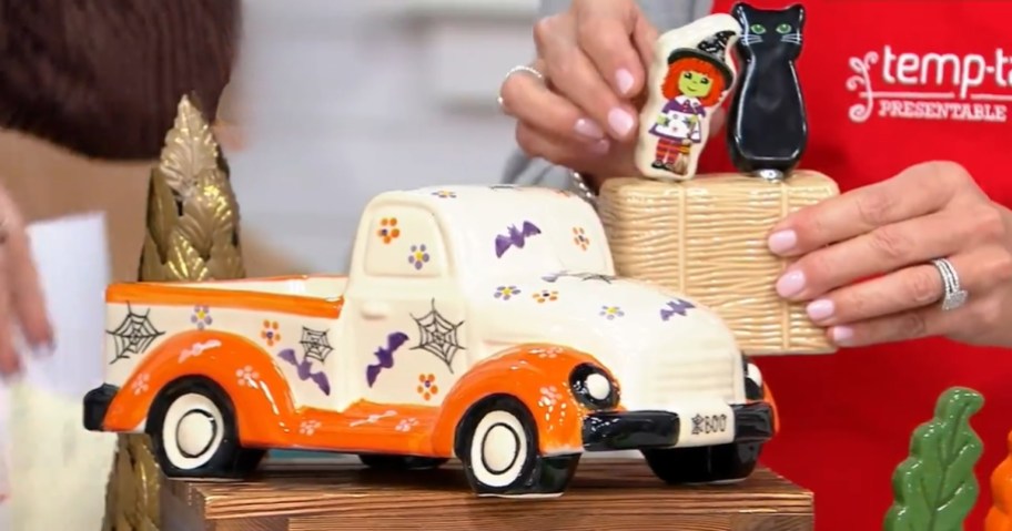 ceramic dip holder shaped like a truck with Halloween design and Halloween character spreaders
