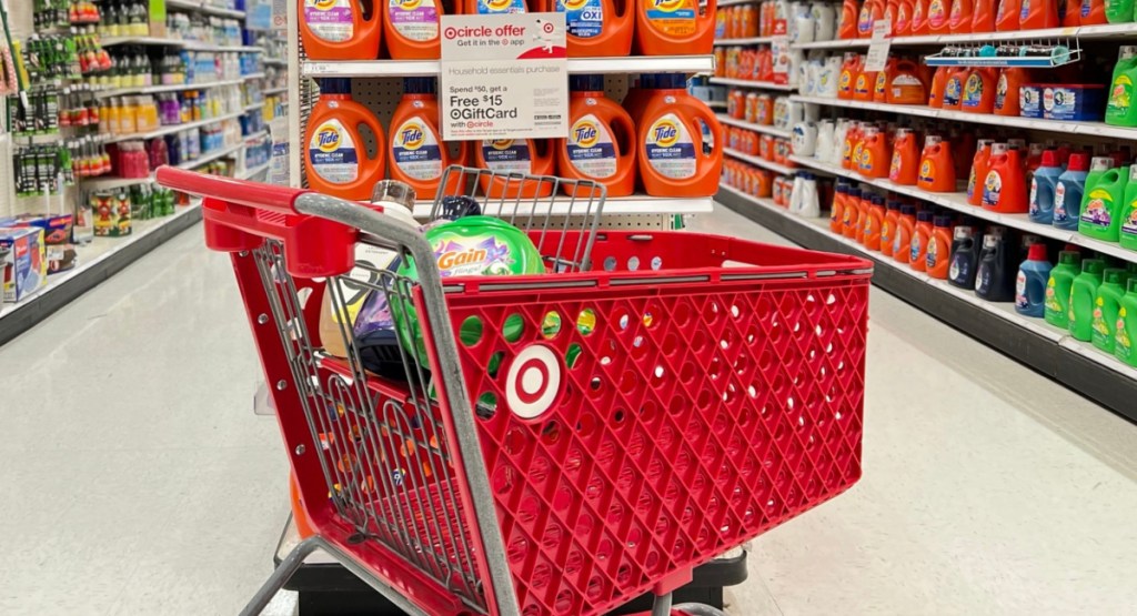 $15 gift card circle offer target cart in front of sign with tide detergent