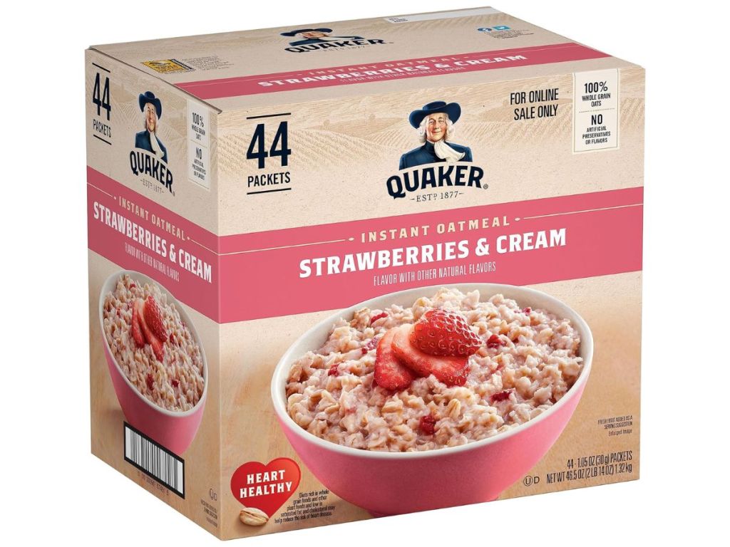 large box of Quaker Instant Oatmeal Strawberries & Cream 