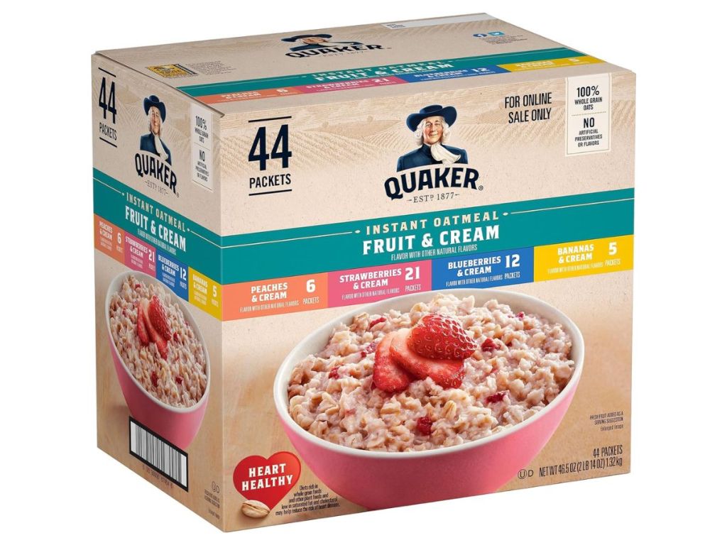 large box of Quaker Instant Oatmeal Fruit & Cream Variety Packs
