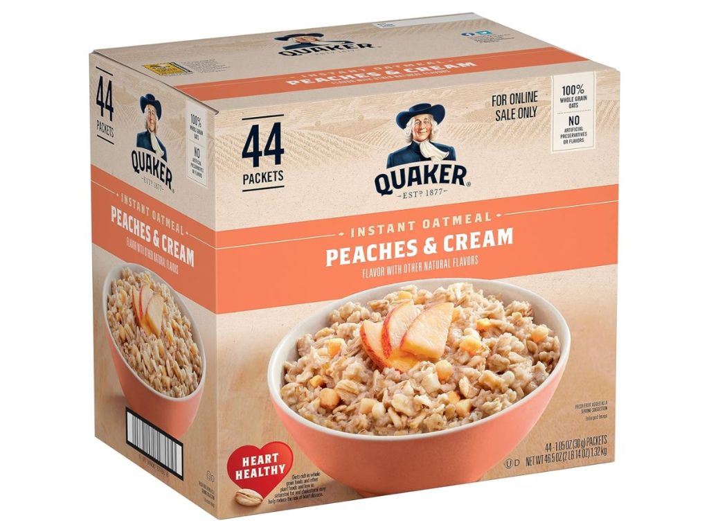 large box of Quaker Instant Oatmeal Peaches & Cream
