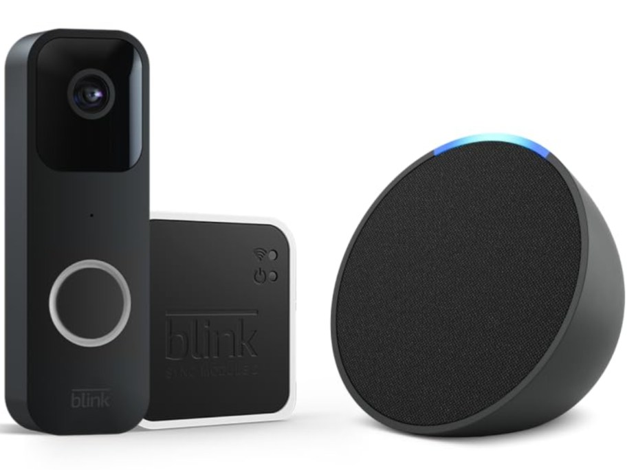 black Blink Video Doorbell and black Amazon Echo Pop device