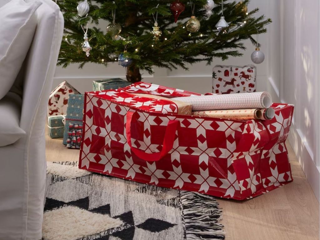 large red and white design IKEA storage bag