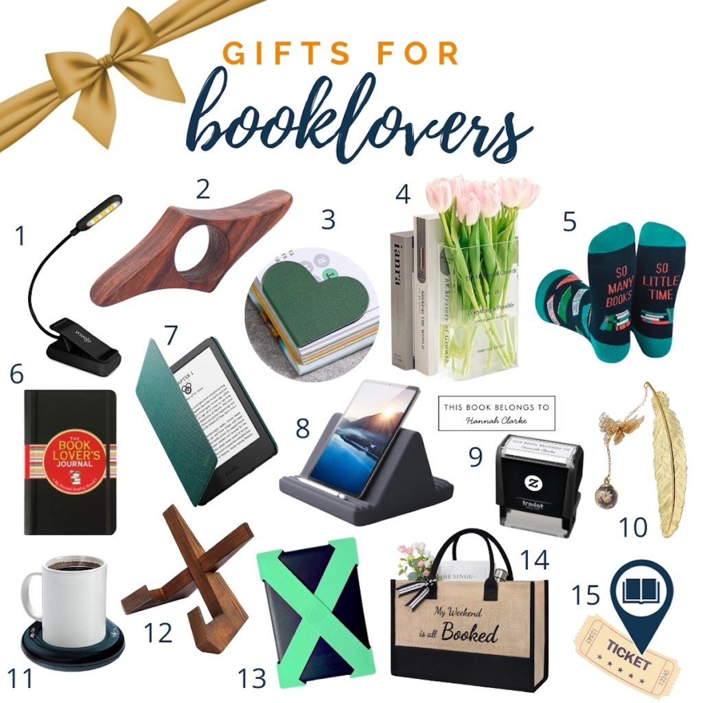 collage graphic of gift guide for booklovers with various numbered gifts