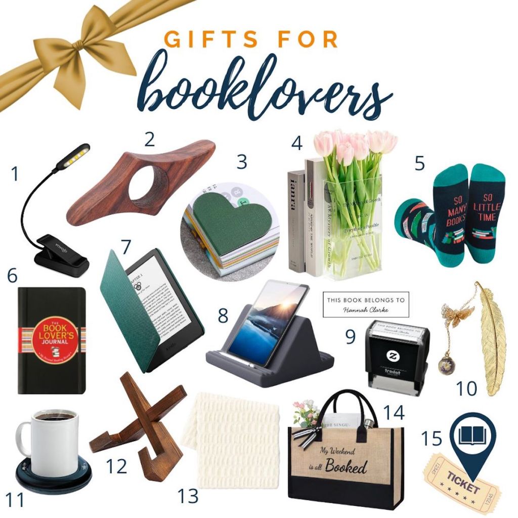 gift guide for booklovers collage with various numbered stock images