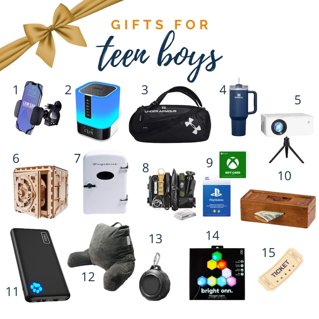 gift guides for teenage boys graphic with various stock images of gifts