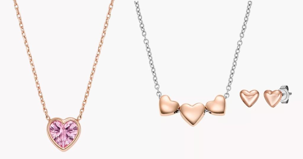 Fossil pink heart crystal necklace and triple heart rose gold and silver necklace and earrings