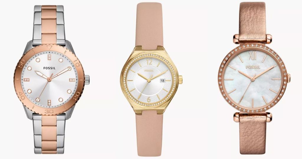 Fossil women's watches, silver and rose gold two-tone, pink leather strap and gold watch and rose gold leather watch with mother of pearl center.
