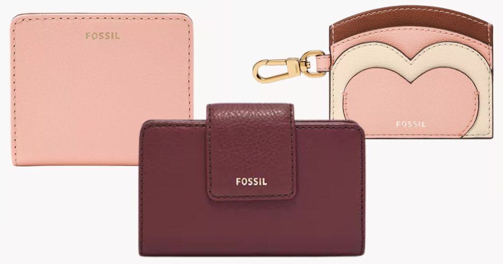 Fossil women's wallets, pink bi-fold wallet, dark burgundy snap wallet and Card Case with pink hearts