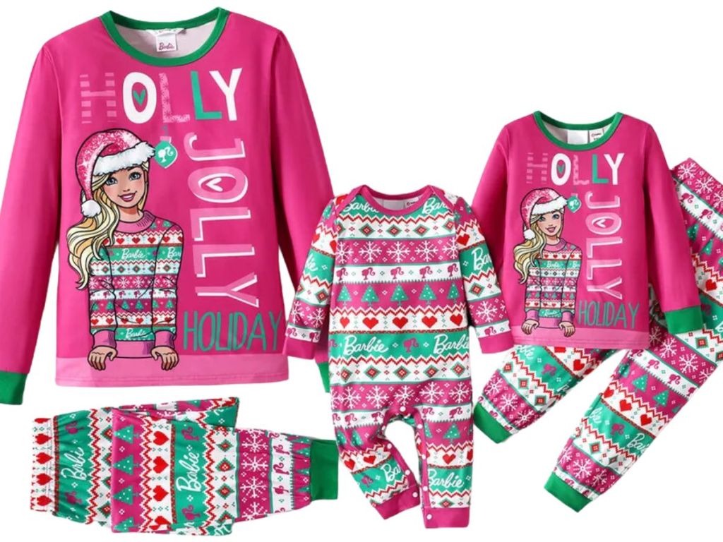 PatPat Barbie Christmas Mommy and Me Hot Pink Long-sleeve Graphic Print Pajamas Sets (Flame Resistant)