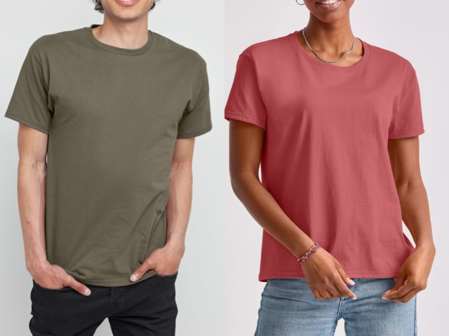 man and woman wearing different color Hanes tshirts and jeans