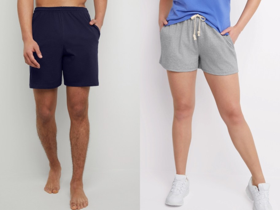 man and woman wearing different color Hanes shorts
