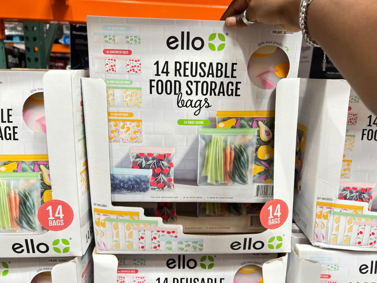ello Reusable Food Storage Bags 14-Piece Set at Costco with a woman's hand holding it