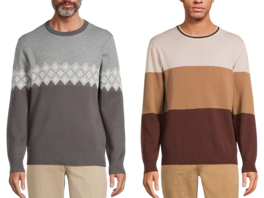 man wearing a grey pattern sweater and man wearing a brown and cream color block sweater