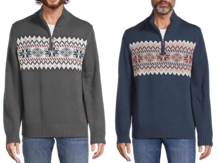 men wearing different color quarter zip sweaters with pattern on the chest