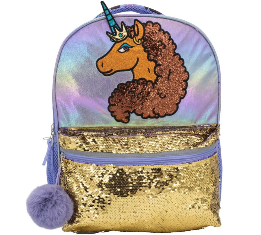 a pastel rainbow colored back pack with gold sequins and an embroidered unicorn