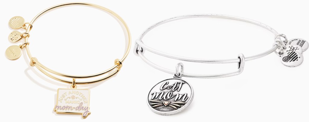 gold and silver mom-themed charm bracelets