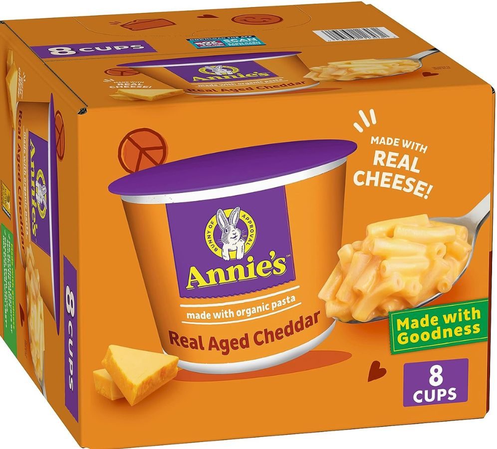 An 8-count box of Annie's Real Cheddar Mac & cheese Cups