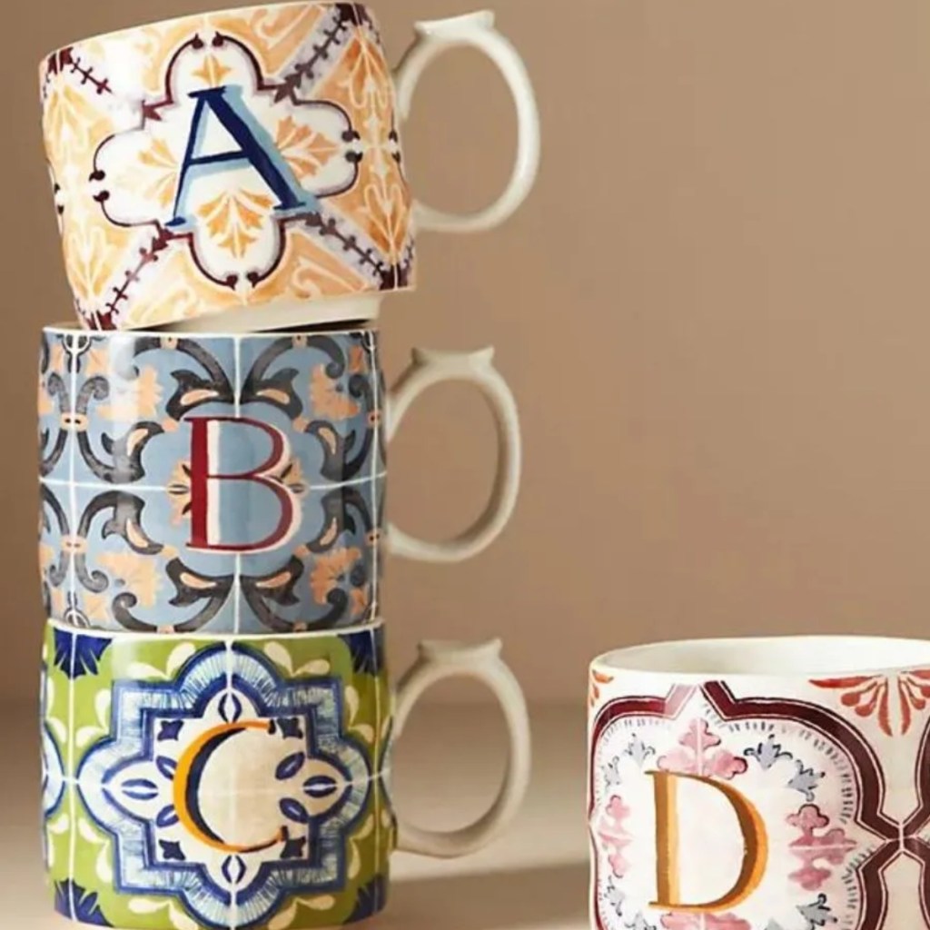 stack of monogrammed mugs