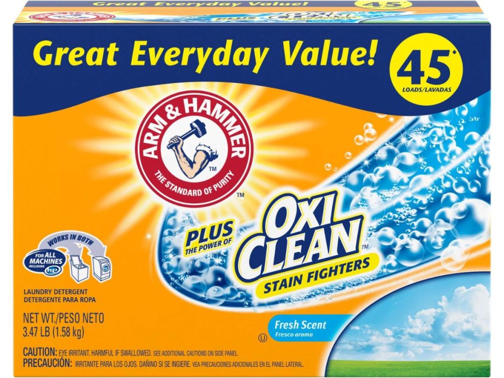 A box of Arm & Hammer Oxi Clean Detergent 