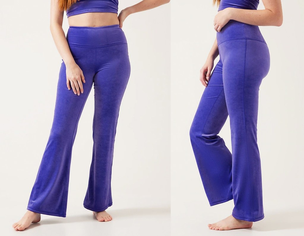 front and side view of woman in purple flare pants