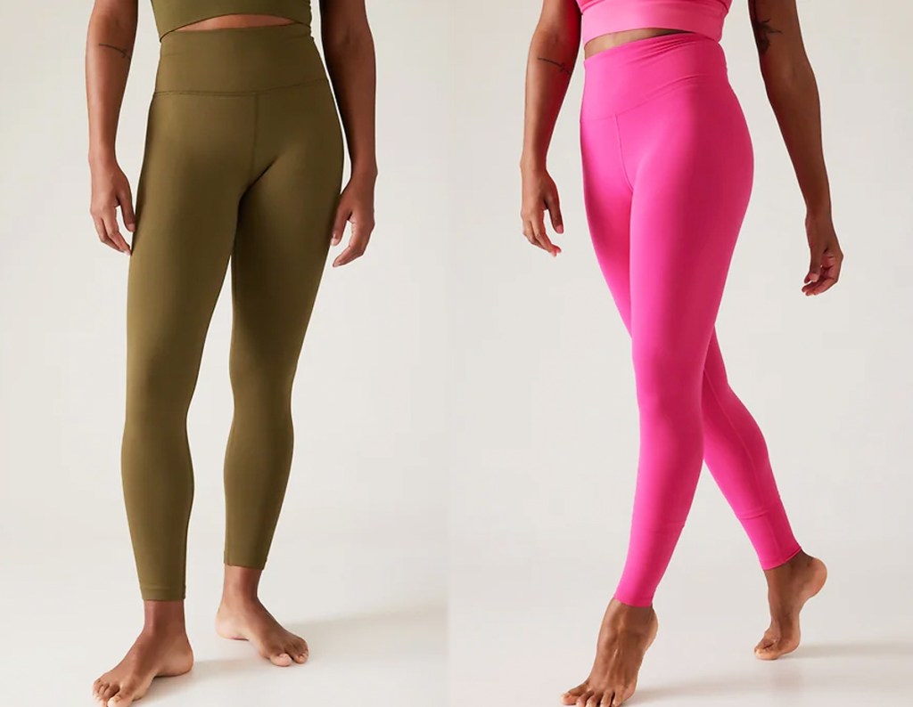 two women in olive green and pink athleta leggings