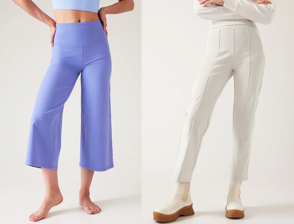 women modeling purple and white pants