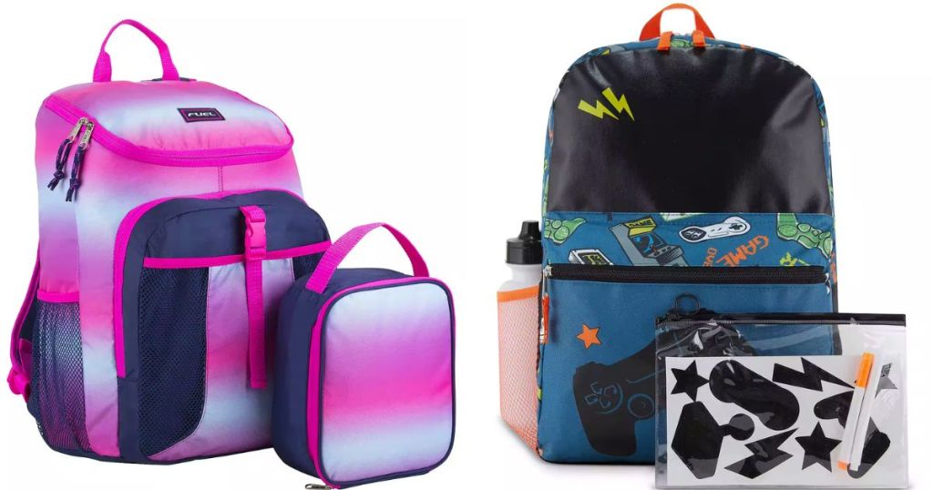 pink purple ombre girls' backpack with lunchbag and black, teal orange gamer backpack with lunch bag and accessories