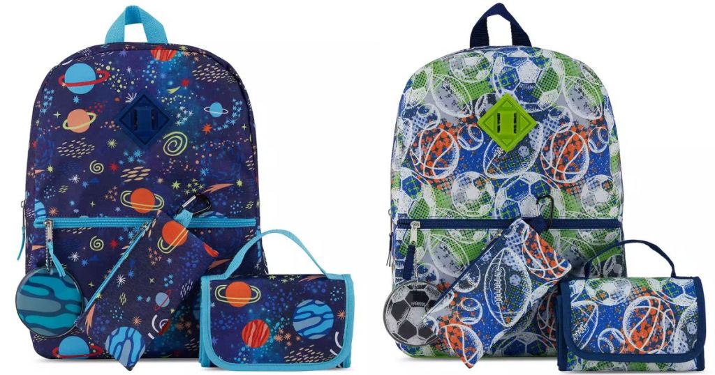boys backpack sets with lunch bags and accessories - blue galaxy design and sports design